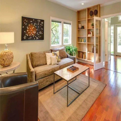 Beige rug styled in a small living space