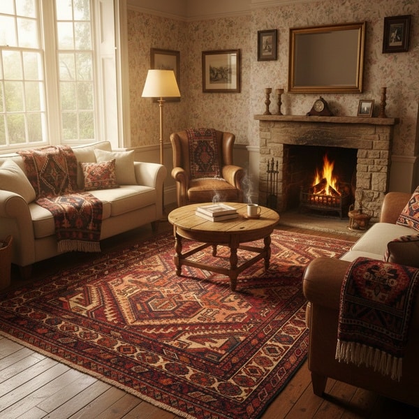 Afghan-style rug shown with patterned detail