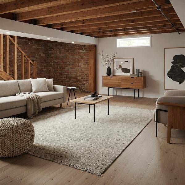 Rug styled in a basement room