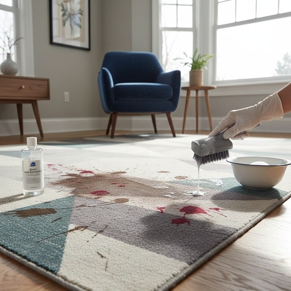 Hair dye stain being treated on a rug