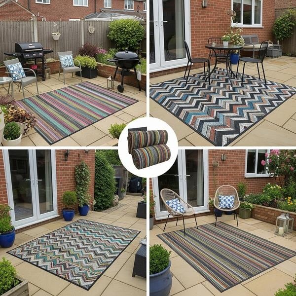 Polypropylene outdoor rug styled on a patio