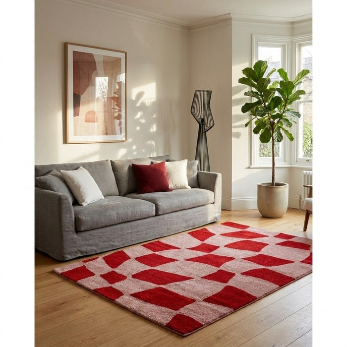 Checkered patterned rug styled in a home interior