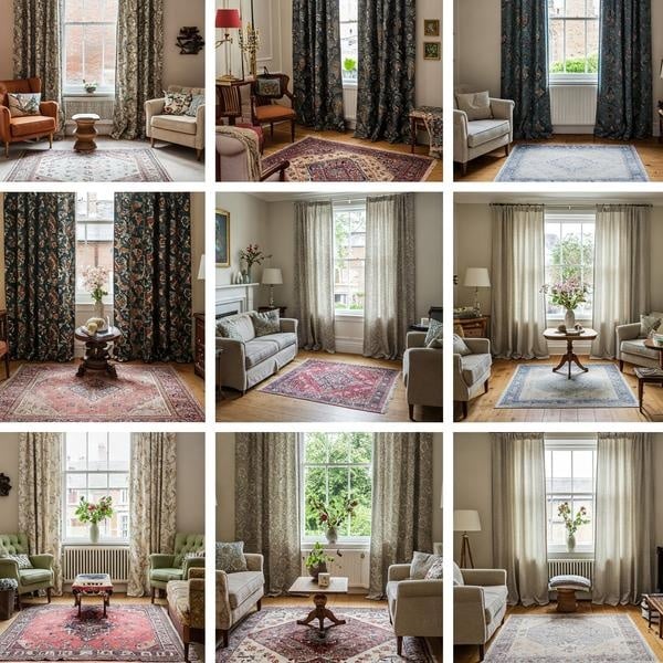 Curtains and rug coordinated in a living room