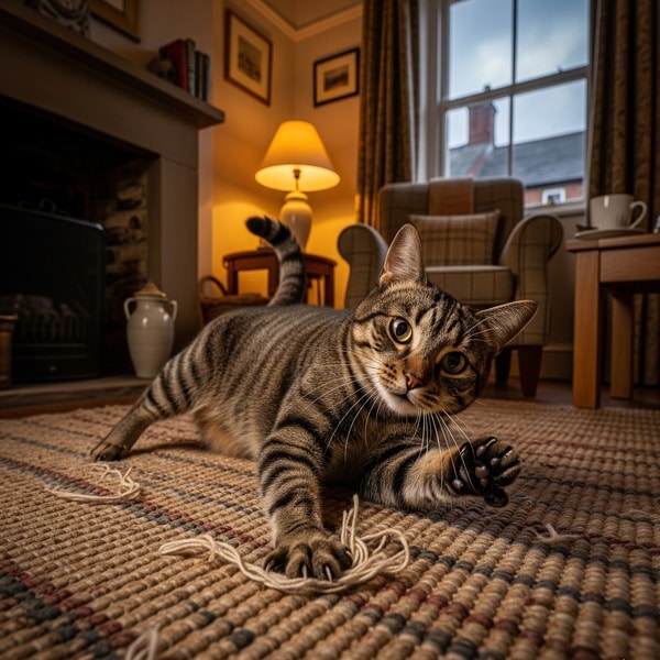 Cat near a rug, guide to preventing scratching damage