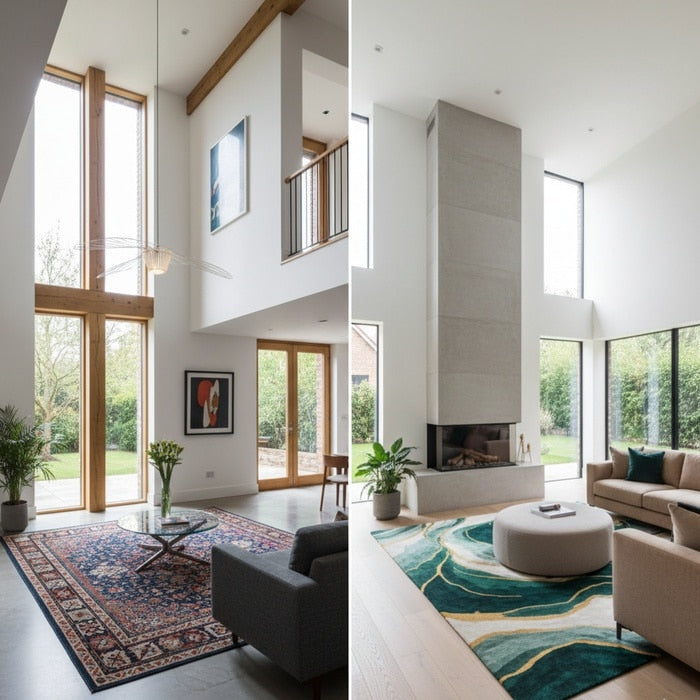 Rug styled in a double height living room