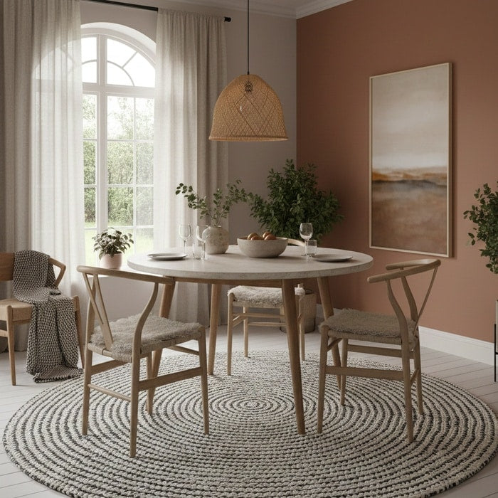 Rug styled under a dining table setting