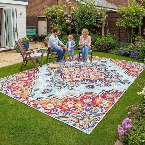 Large waterproof rug styled in a garden