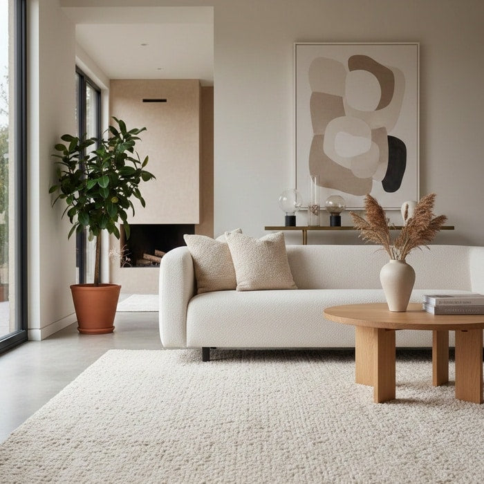 White rug styled in a bright interior