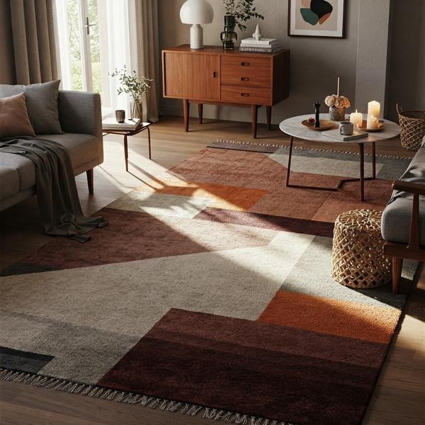 Mid-century modern rug styled in a living room