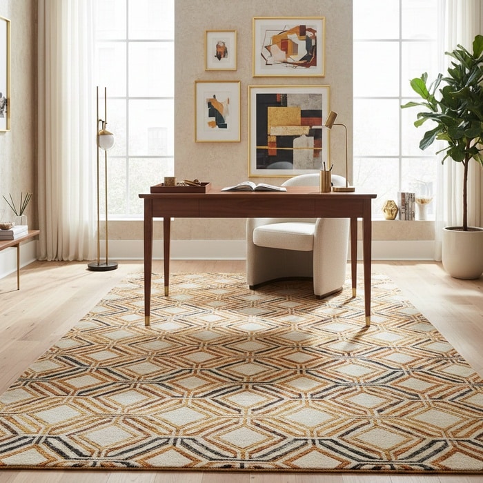 Rug styled in a home office space