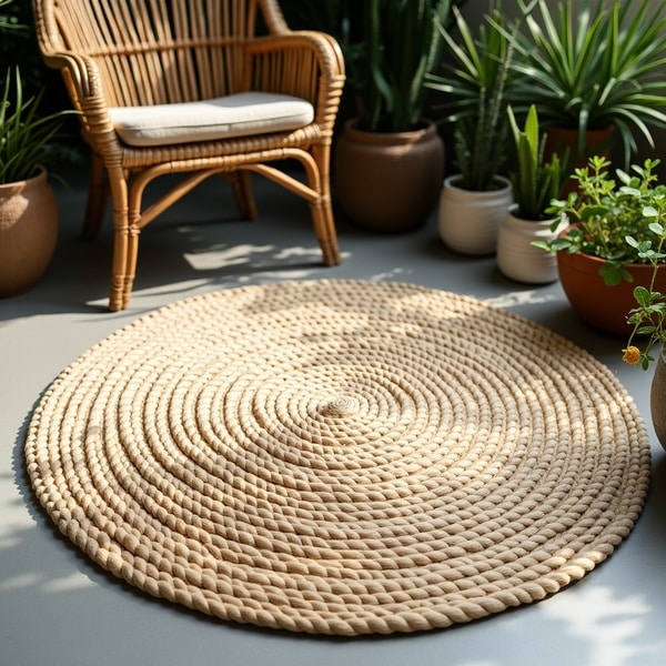 Plastic straw style outdoor rug on a patio