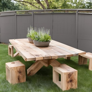 A wooden table and four blocks for chairs