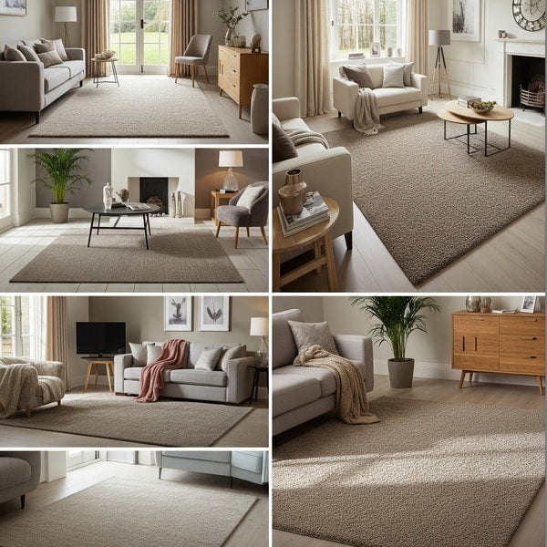 Taupe coloured rug styled in a neutral room