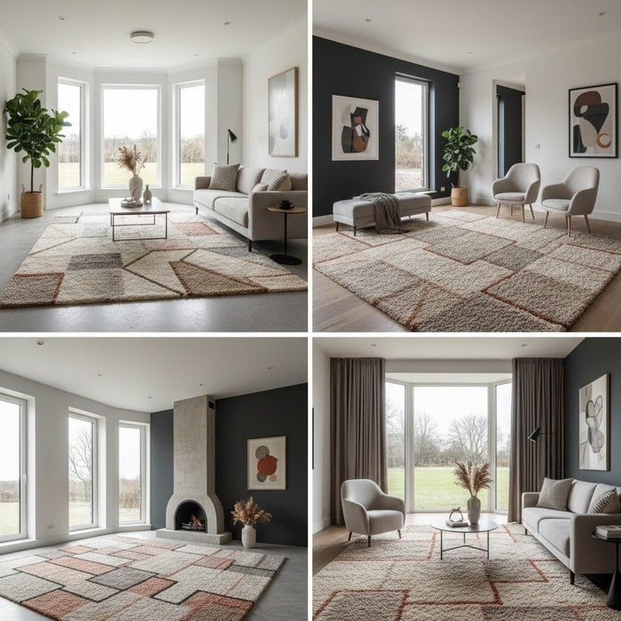 Wool rug samples shown for choosing size and care