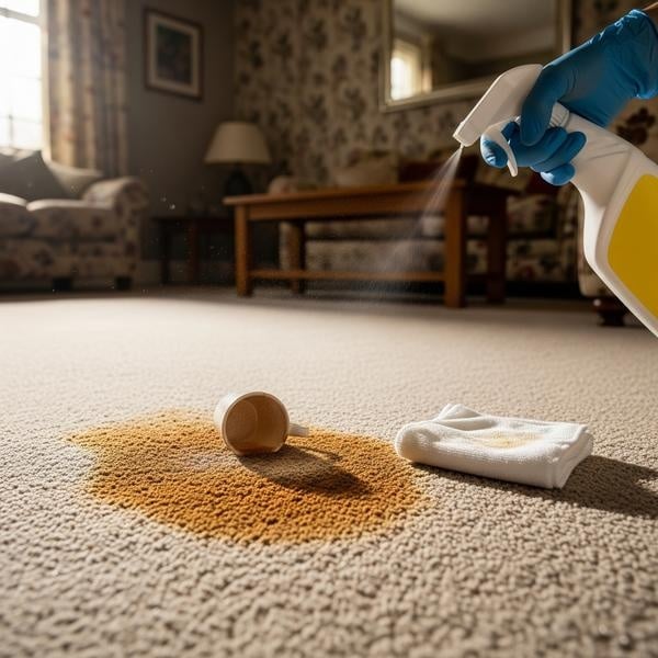 Tea stain being treated on a carpet at home