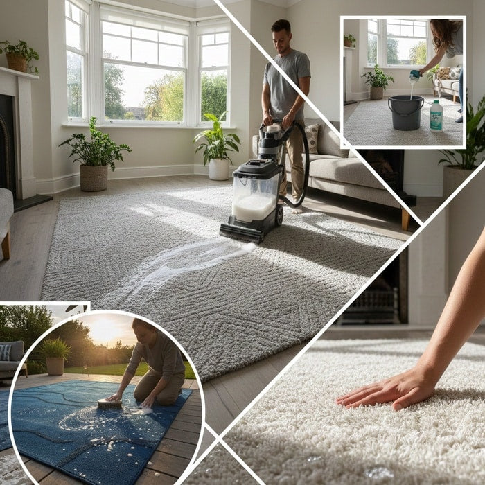 Large area rug being cleaned at home