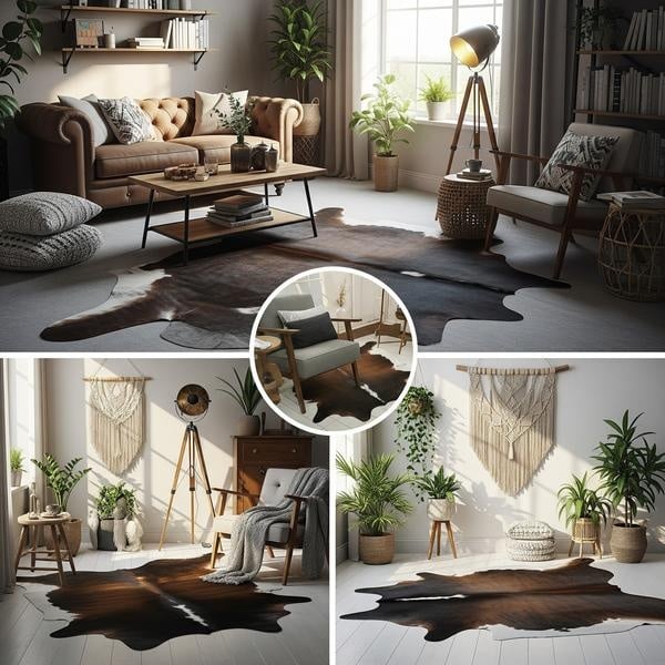 Cowhide rug styled in a living room
