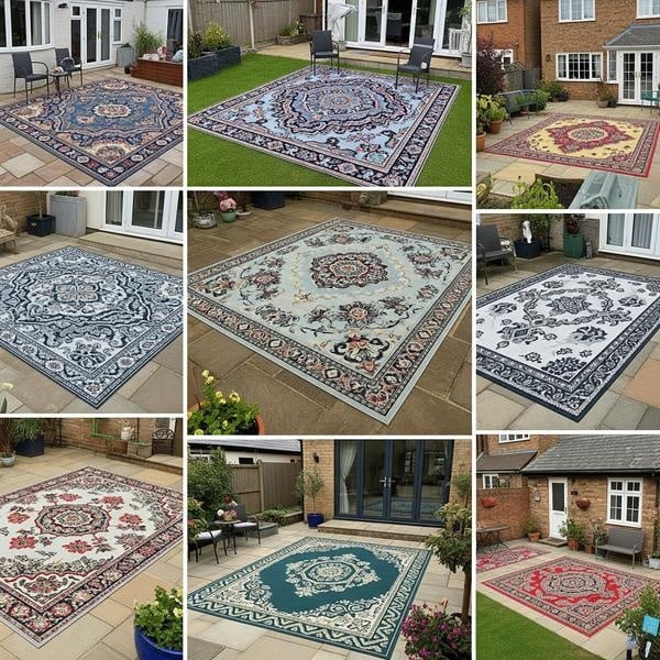 Large outdoor rug styled in a garden space