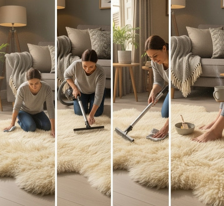 Sheepskin rug being cleaned and cared for at home