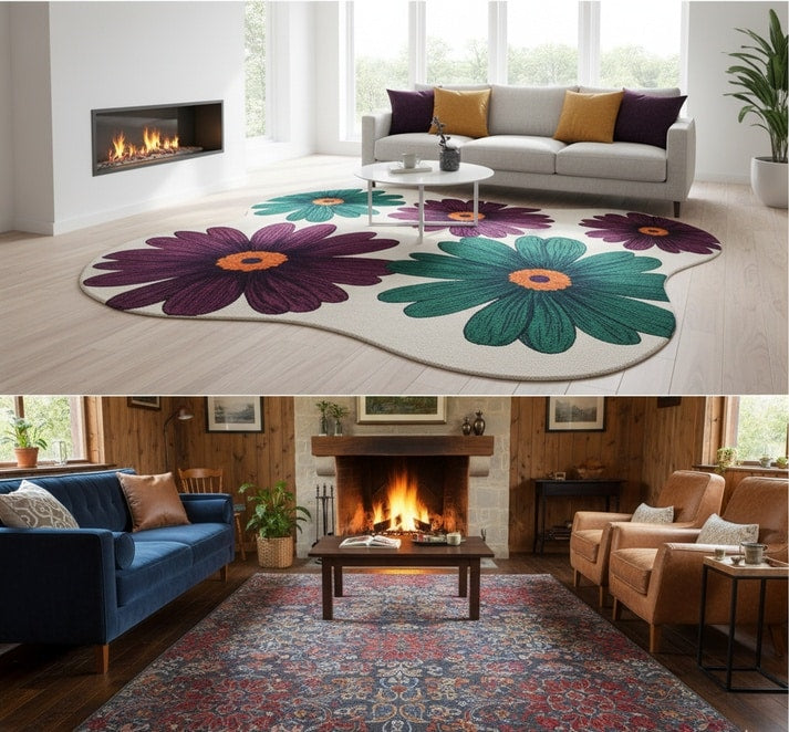 Floral patterned rug styled in a living room