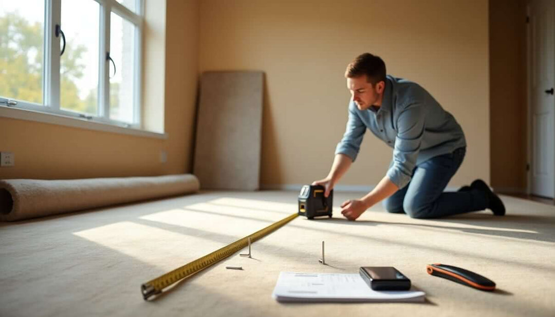 Measuring a room for carpet with a tape measure