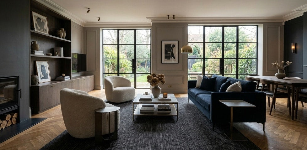 Dark rug styled in a British living room