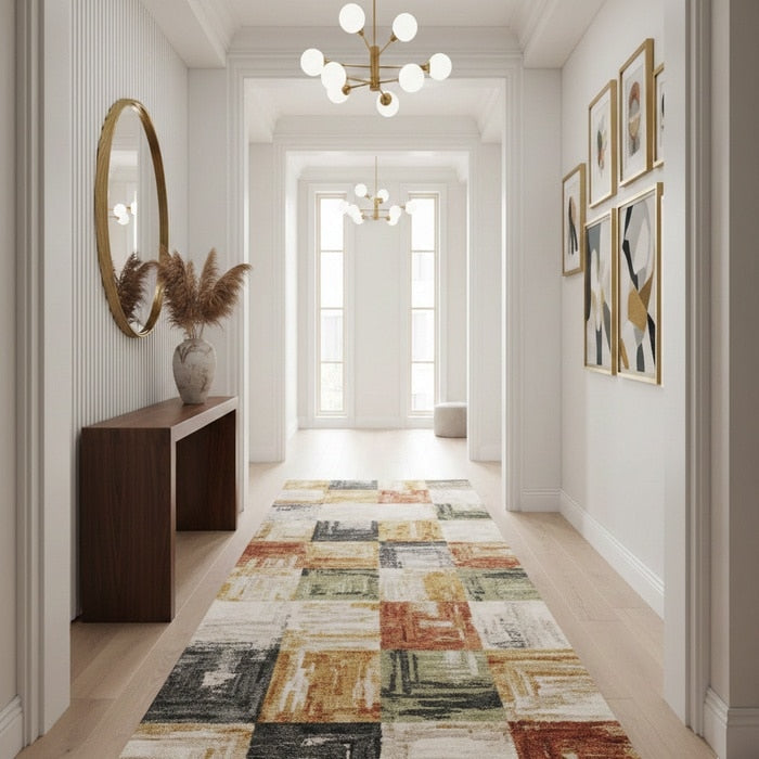Rug styled in a hallway entrance space