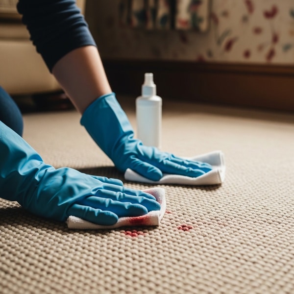 Blood stain being treated on a rug at home