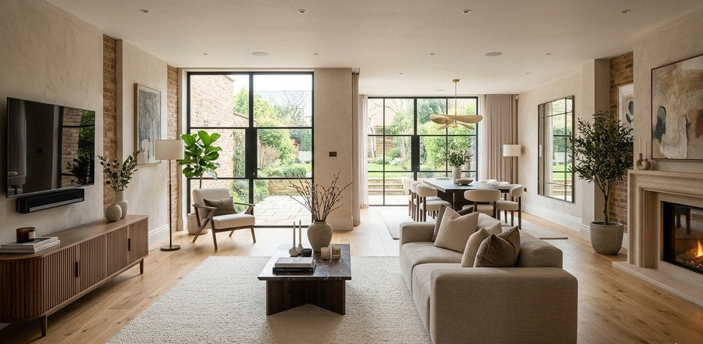Ivory coloured rug styled in a soft interior