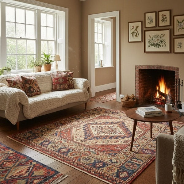 Kilim style flatwoven rug shown up close