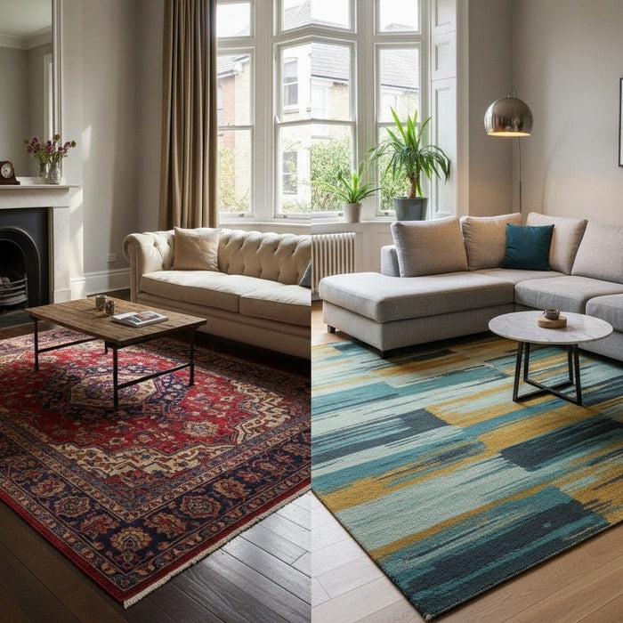 Large rug styled in a spacious room