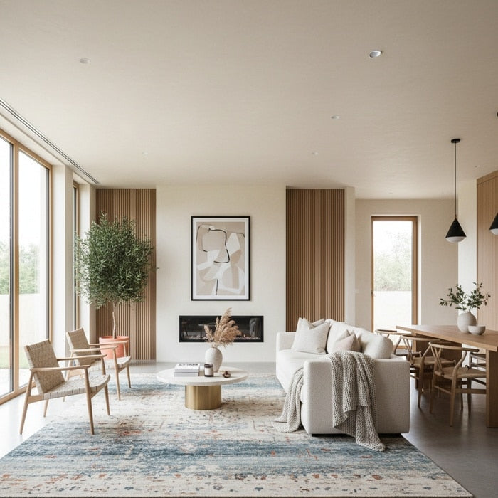 Medium sized rug styled in a living room