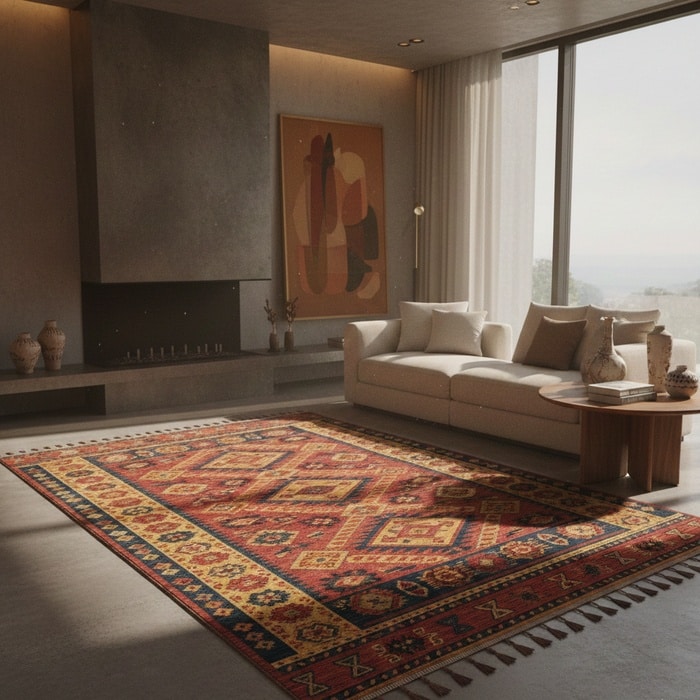 Mexican-inspired rug styled in a living room