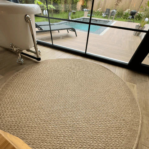 Indoor outdoor rug styled in a modern space
