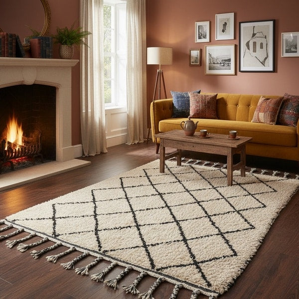Moroccan-inspired rug styled in a living room