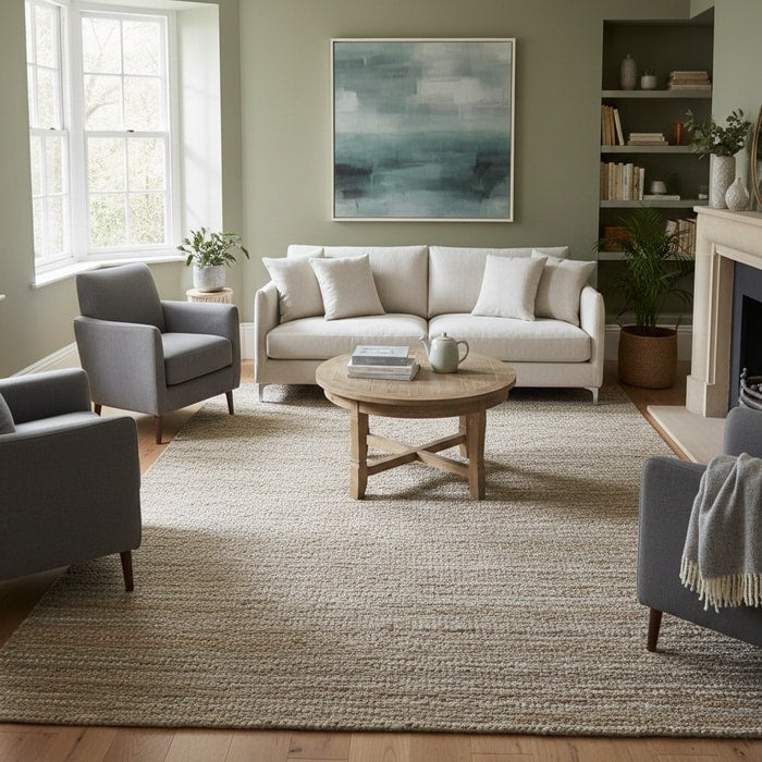 Neutral coloured rug styled in a calm room