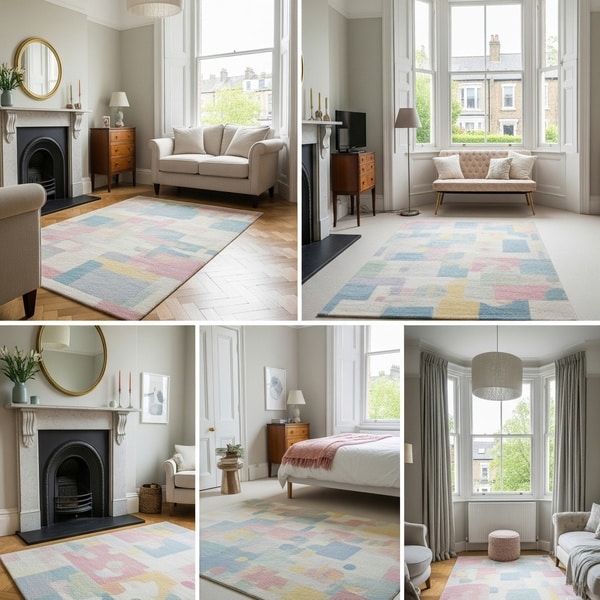 Pastel coloured rug styled in a soft interior