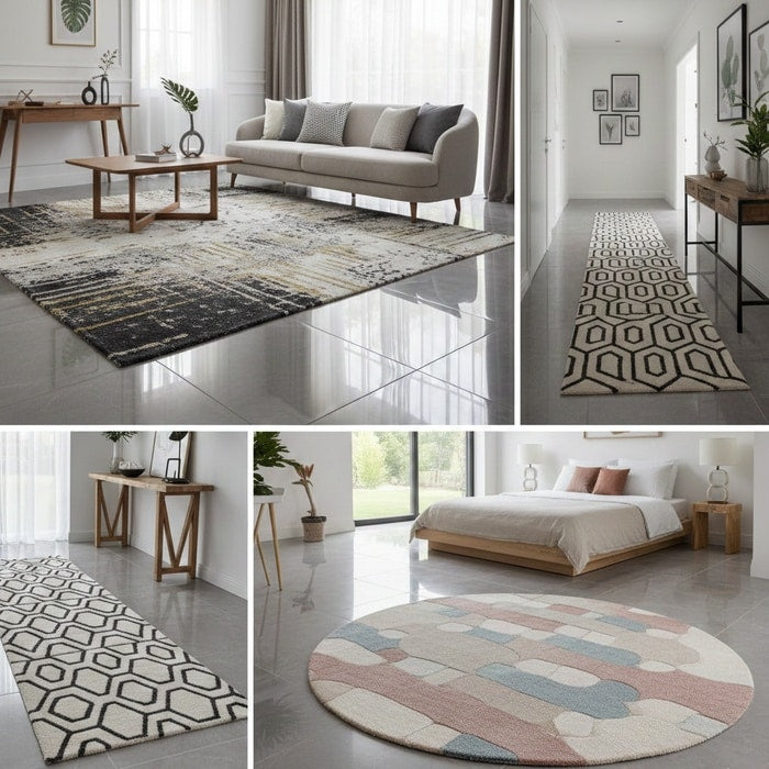 Rug styled over tiled flooring at home