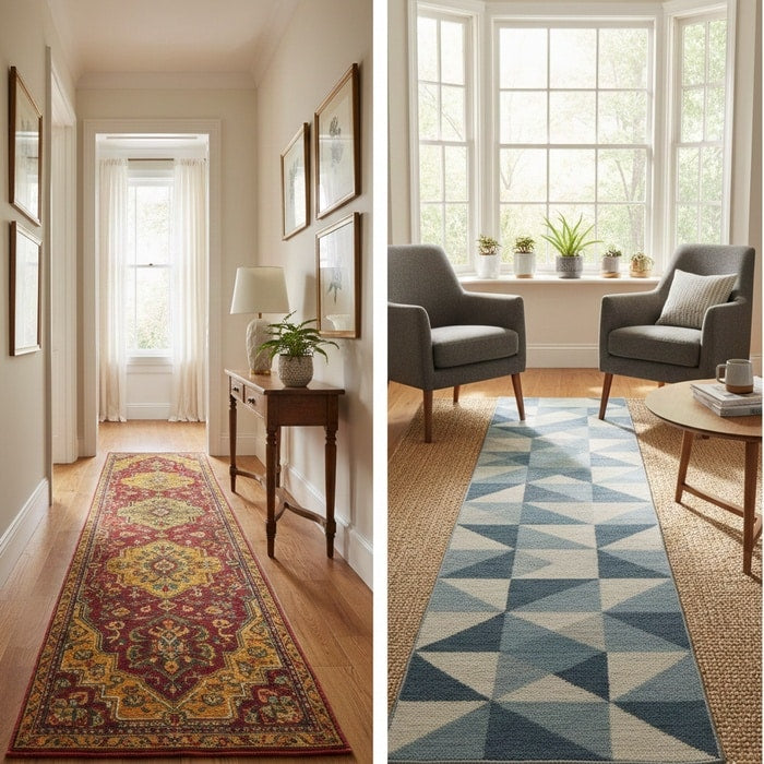 Runner rug styled in a narrow hallway
