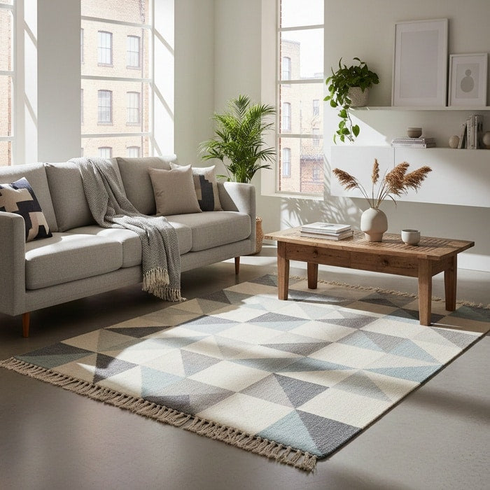 Scandinavian-style rug styled in a minimalist room