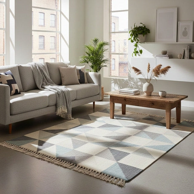 Scandinavian-style rug styled in a minimalist room