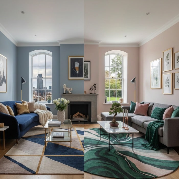 Two coloured rugs paired in a living room