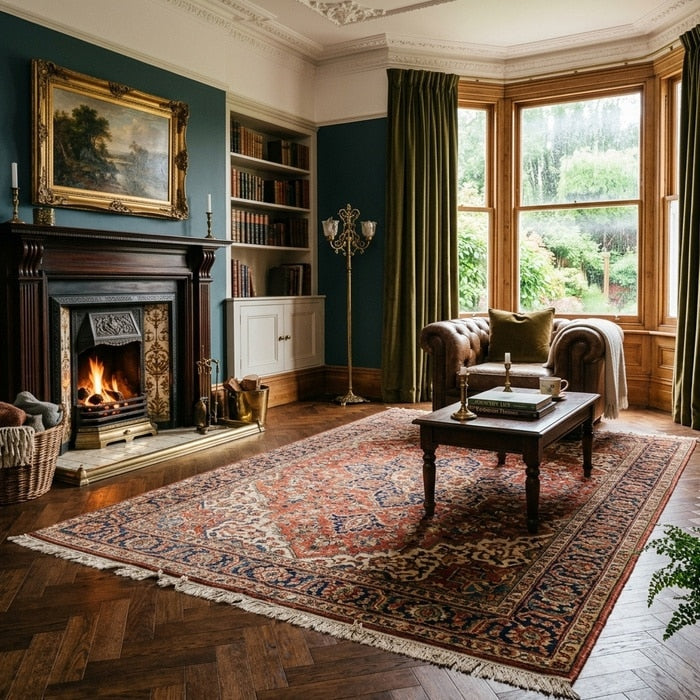 Victorian-style rug styled in a traditional room