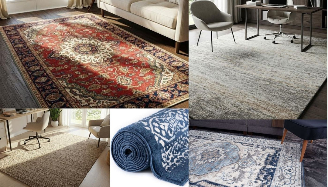Workspace, Office room rugs, Comfortable, Professional atmosphere, Functionality, Aesthetic appeal, Modern designs, Solid colours, Furniture placement, Office chairs, Non-slip backing, Geometric patterns, Neutral tones.