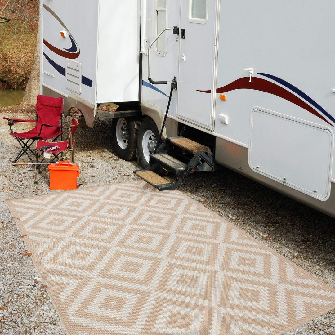 Outdoor Rug Diamond Design Beige and White | The Rugs