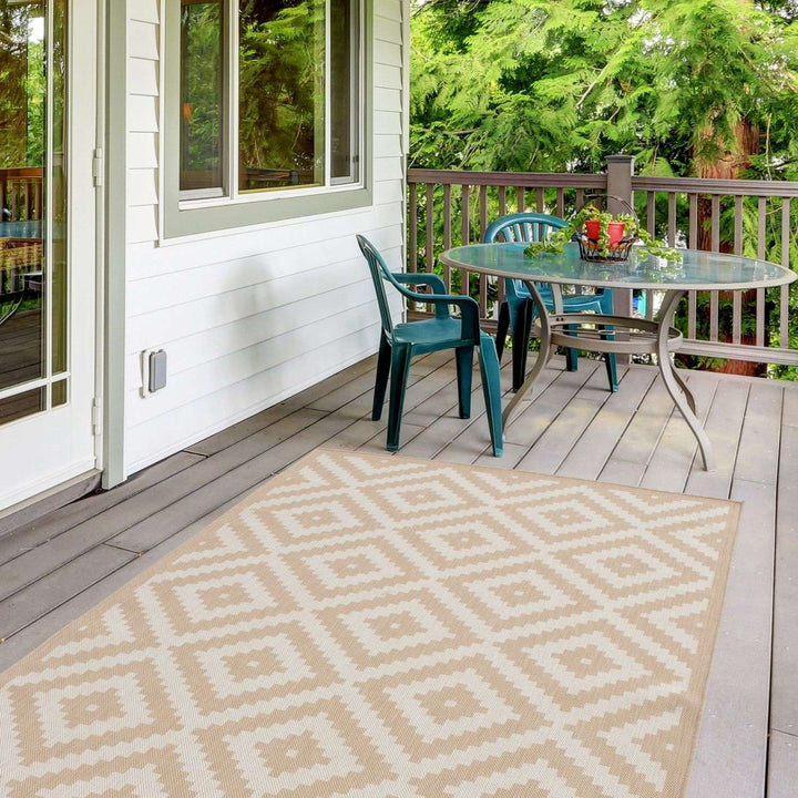 Outdoor Rug Diamond Design Beige and White | The Rugs