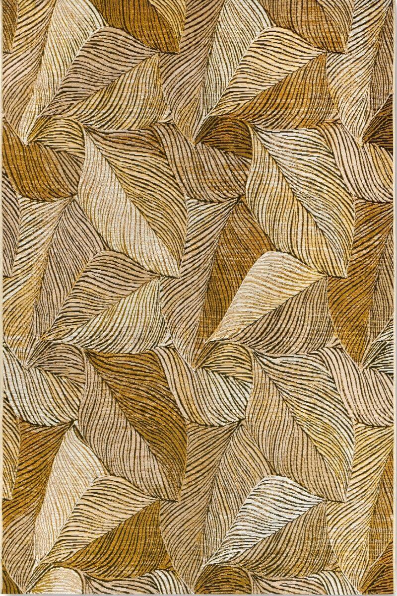 Patterned rug with brown and beige leaf-like shapes