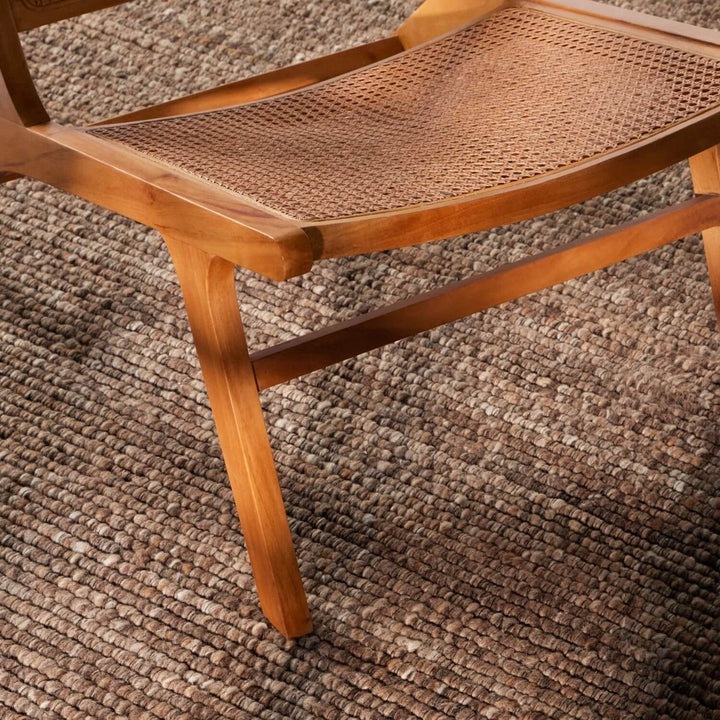 Brown colour rug, weave design, durable softness, hand-made, cotton backing, wool-effect, easy care.