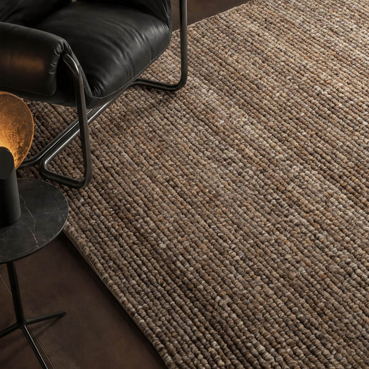 Brown colour rug, weave design, durable softness, hand-made, cotton backing, wool-effect, easy care.