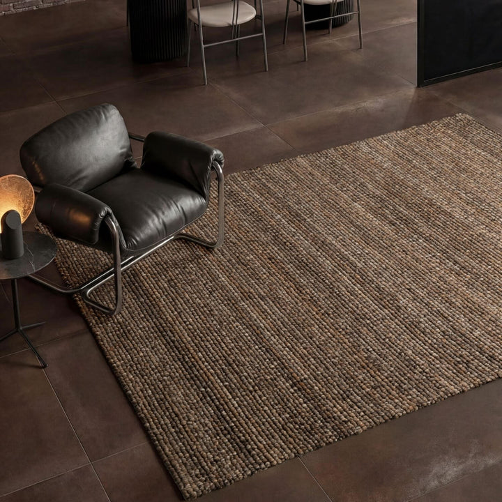 Brown colour rug, weave design, durable softness, hand-made, cotton backing, wool-effect, easy care.